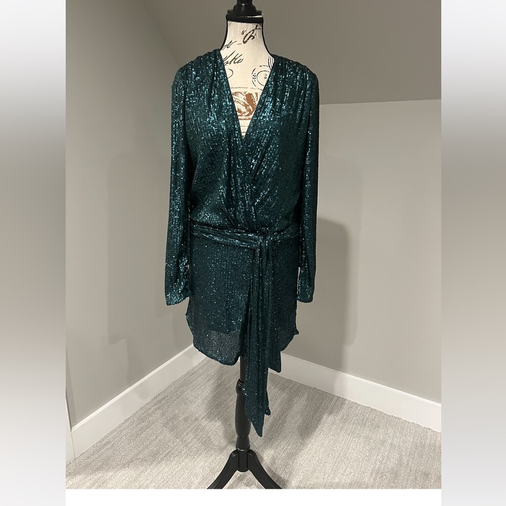 NWT JONATHAN SIMKHAI Dark Green Sequin V-Neck Knee-Length Dress Size Medium.